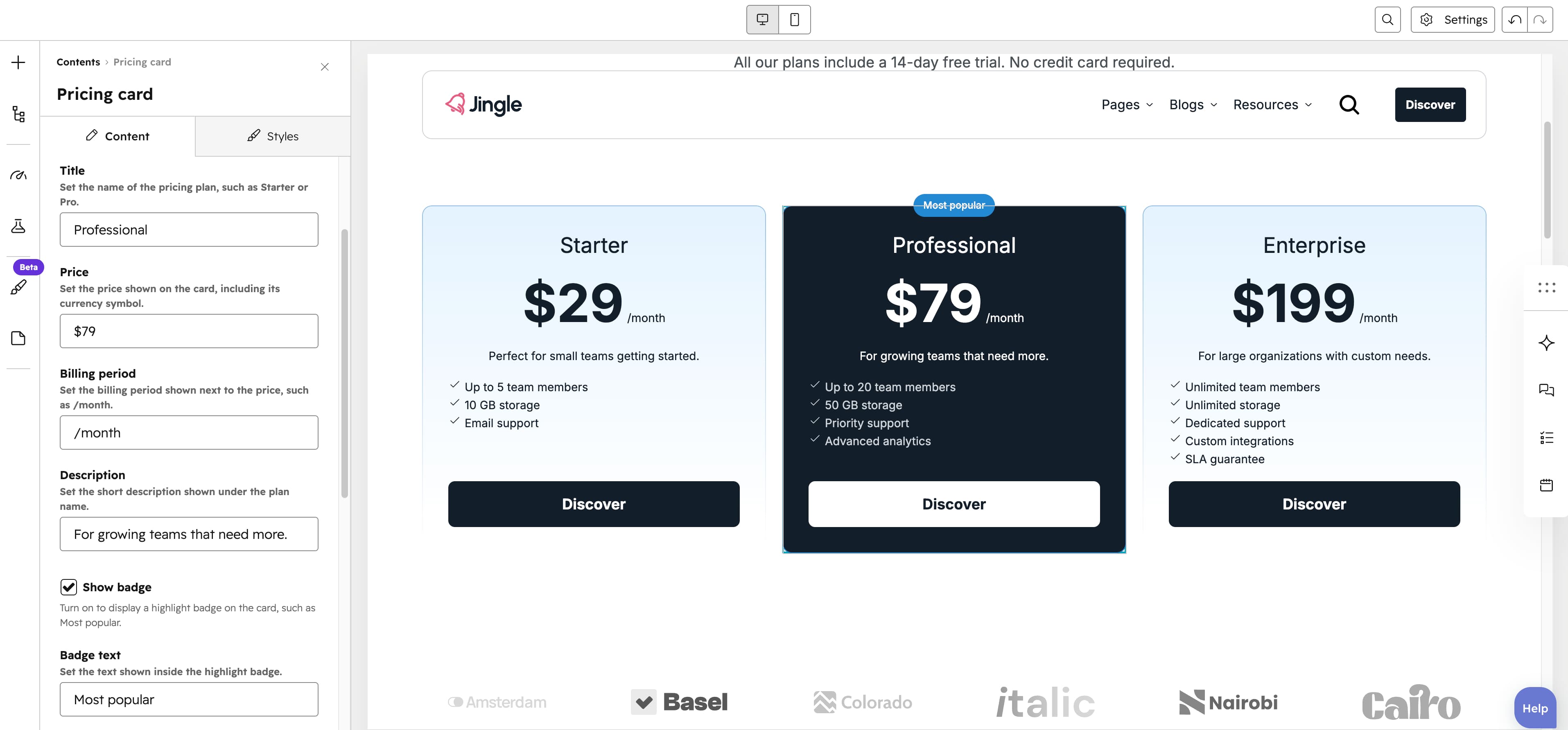 Aperçu de Pricing card