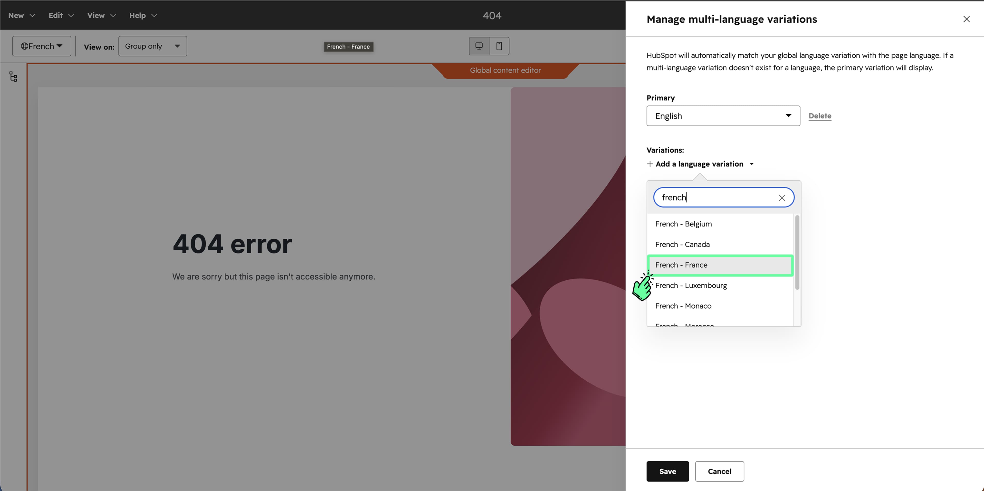 screenshot of the hubspot editor