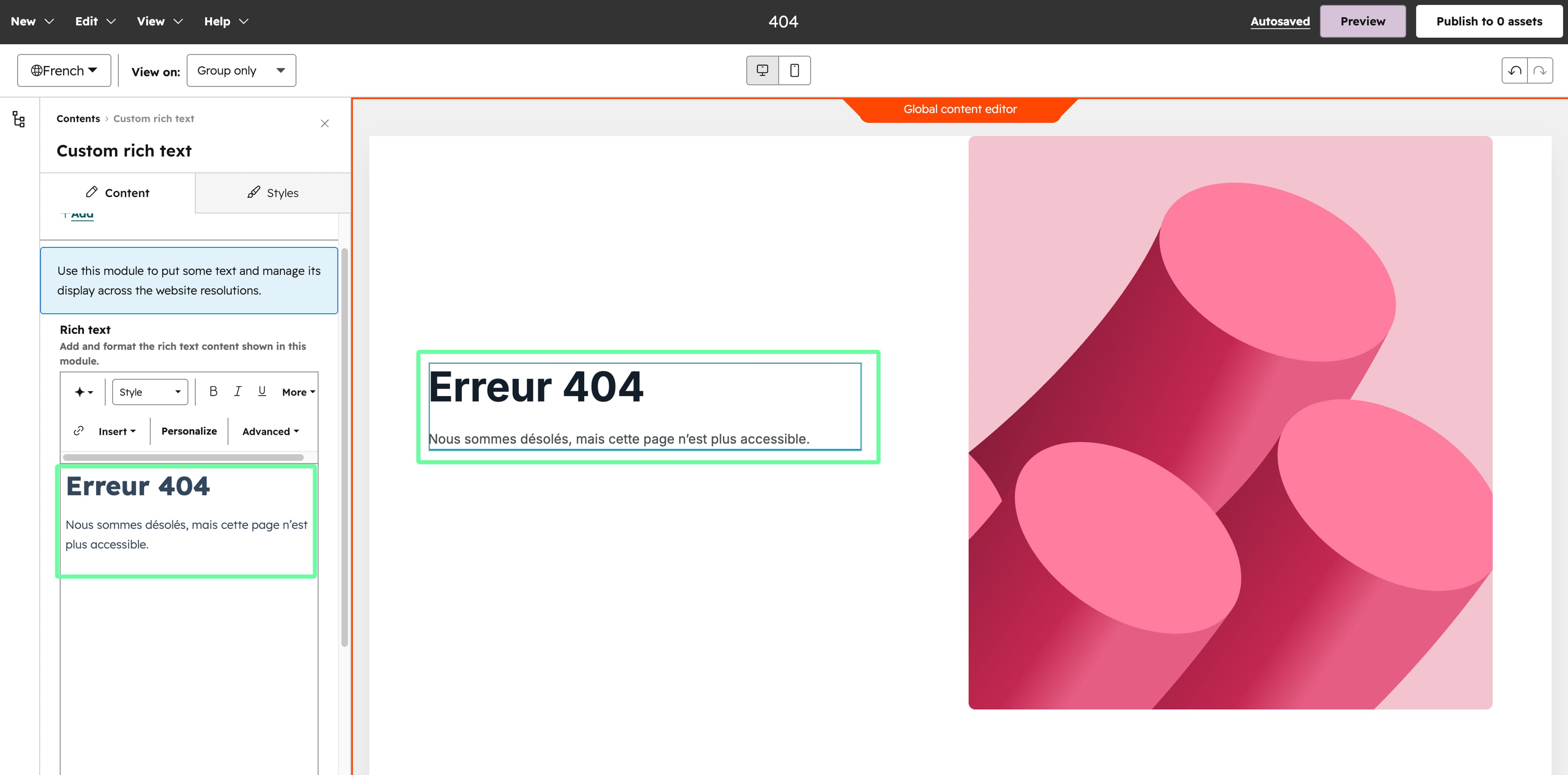 screenshot of the hubspot editor